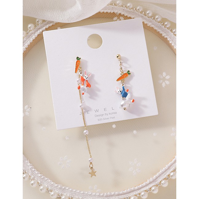 LRC Anting Tusuk Fashion Color Mixing Carrot Rabbit Pearl Asymmetric Tassel Earrings K23260