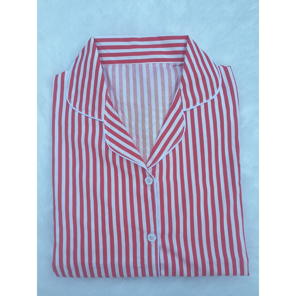 BJ-Piyama CP Wanita Dewasa Salur - Baju Tidur Lengan Pendek-Salur Merah