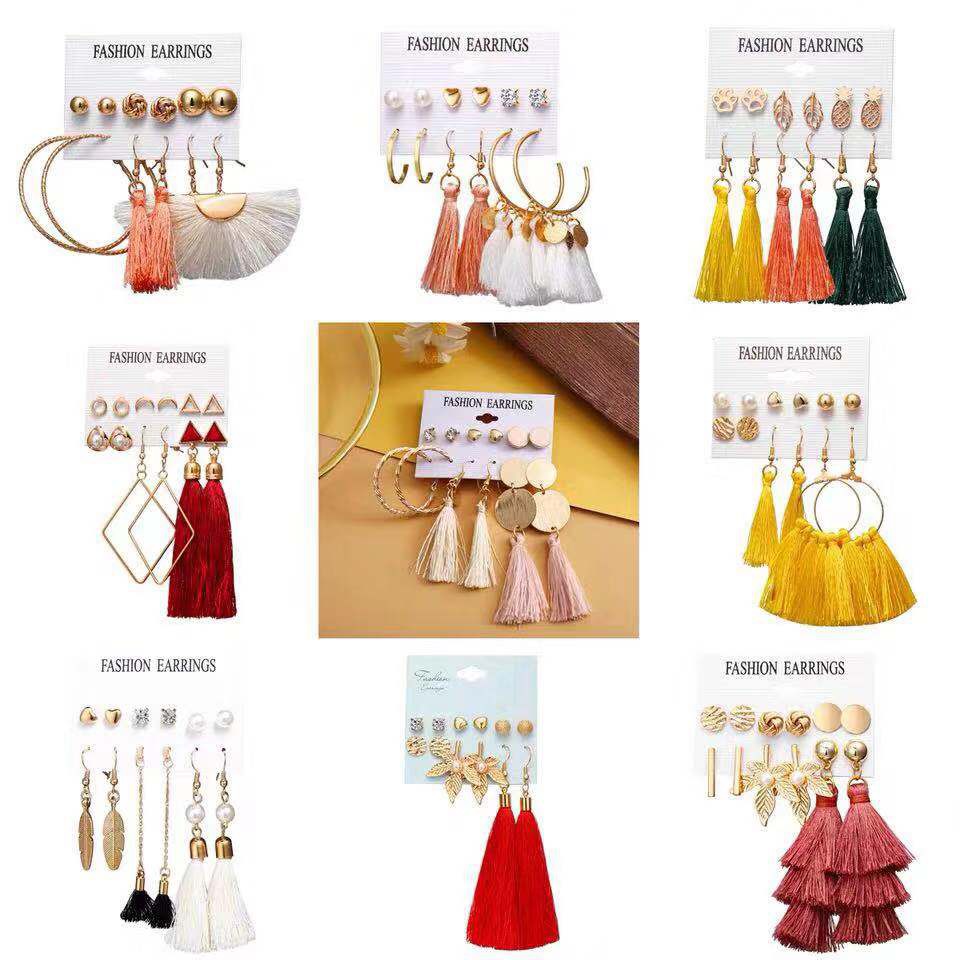 （COD）6 Pasang / Set Anting Tusuk Aksen Berlian Imitasi Gaya Boho Retro untuk Fashion Import Wanita