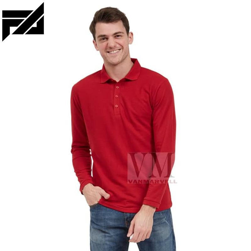 TERBARU VM Kaos Polo Shirt Panjang Polos Merah Maroon - Maroon L