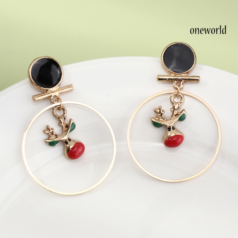 OW# Women Christmas Tree Elk Eardrop Faux Pearl Geometric Hoop Earrings Xmas Gift