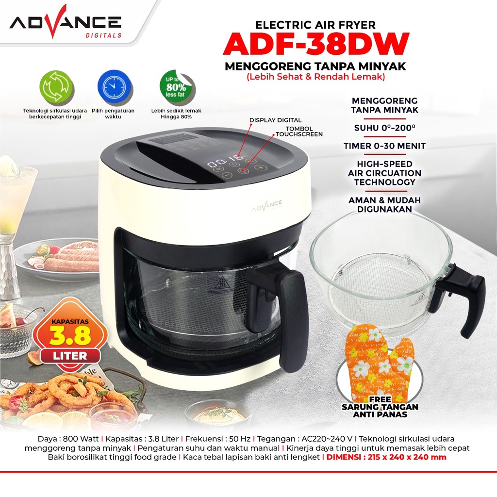 Advance Digital Air Fryer ADF-38DW Transparan Glass