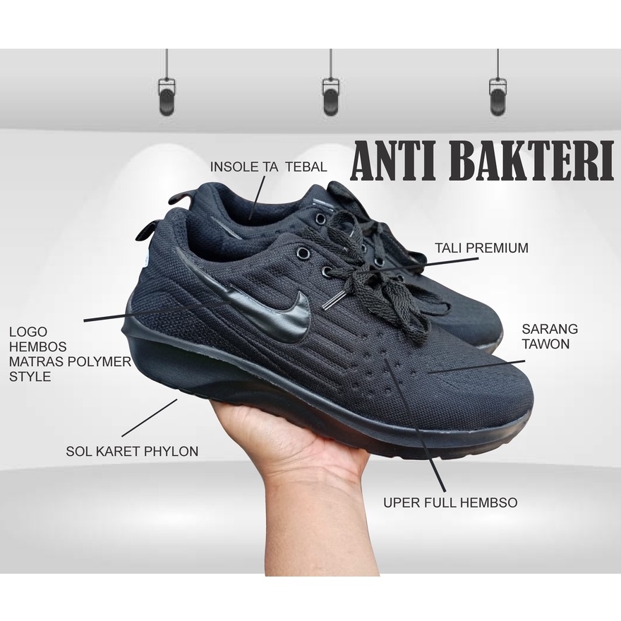 SEPATU SEKOLAH HITAM FULL LAKI PEREMPUAN / SEPATU SNEAKERS ANTI SLIP / SEPATU FORMAL  / SEPATU OLAHRAGA