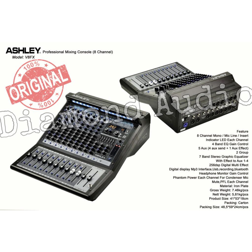 Mixer Audio Ashley V8 Fx Usb Bluetooth Original Mixing V 8 Channel ( Bayar Ditempat )