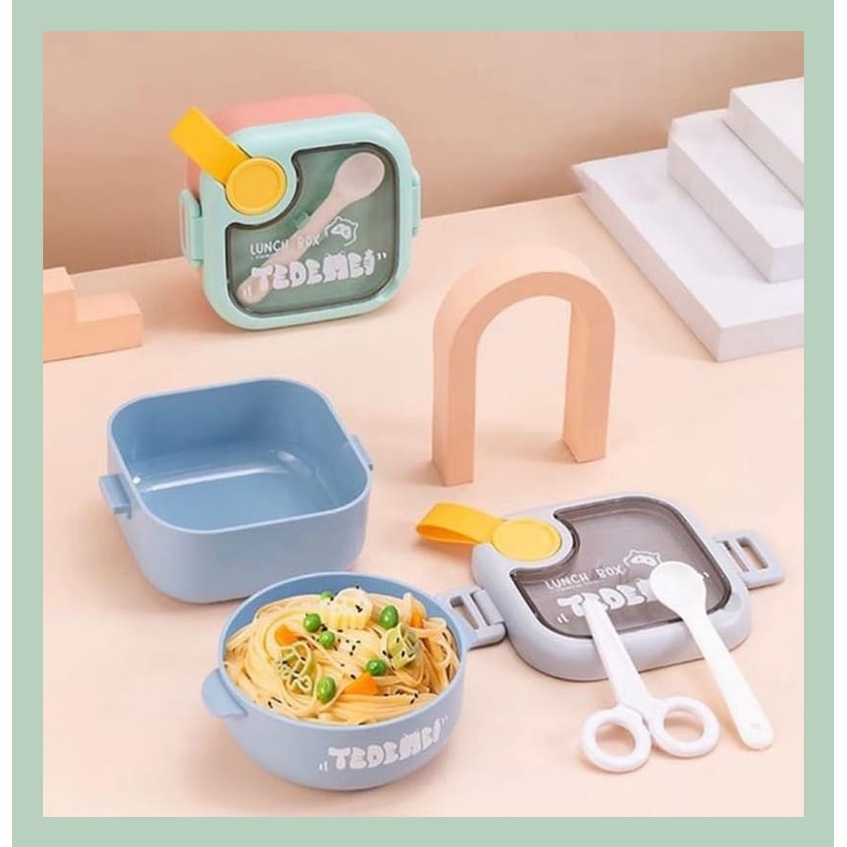 Mikusoo Kotak Bekal Makan Anak Sekolah Balita Anti Tumpah Set Mangkok Sendok Gunting Lunch Box 2IN1