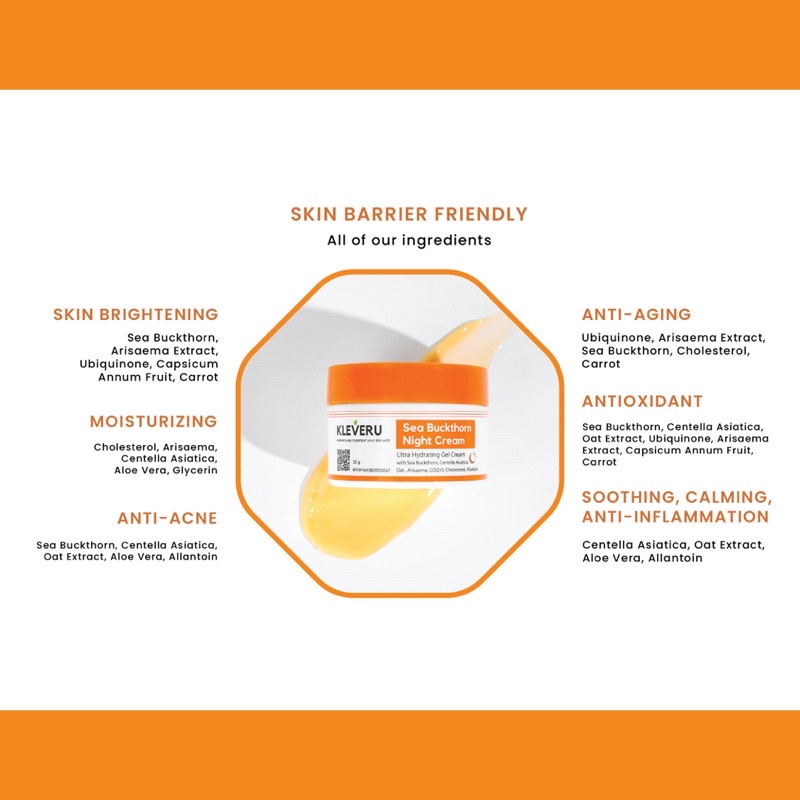 KLEVERU Sea Buckthorn Day &amp; Night Cream Indonesia / Cleansing Essence Toner Serum Ampoule Moiturizer Sunscreen Eye Mask Masker / Glass Skin Overnight Vitamin C Ferulic Centella Spirulina Rose Pink Ceramide Glow Organic Grapeseed Hydrating Gel Oil Water
