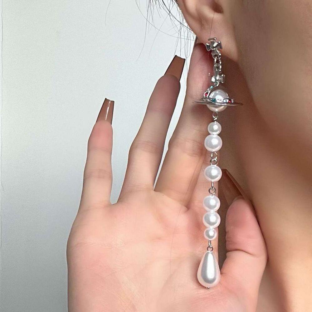 [Elegan] Saturnus Cross Drop Anting Geometris Retro Lady Mutiara Pesta Pernikahan Berlian Imitasi Alloy Gaya Korea Earrings