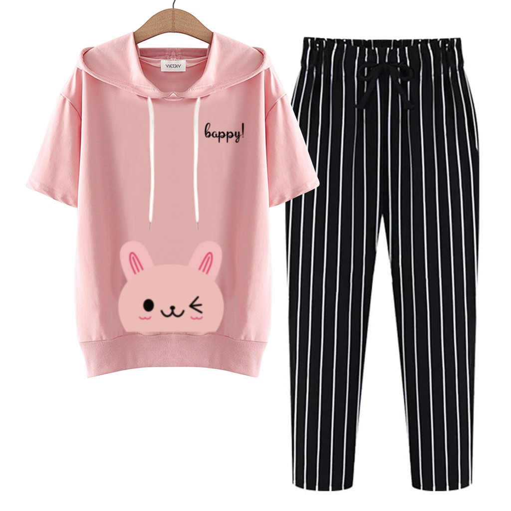 BESS - Baju Setelan Wanita Murah / Setelan Hoodie Crop Lengan Pendek + Celana Salur Hitam - HAPPY CAT