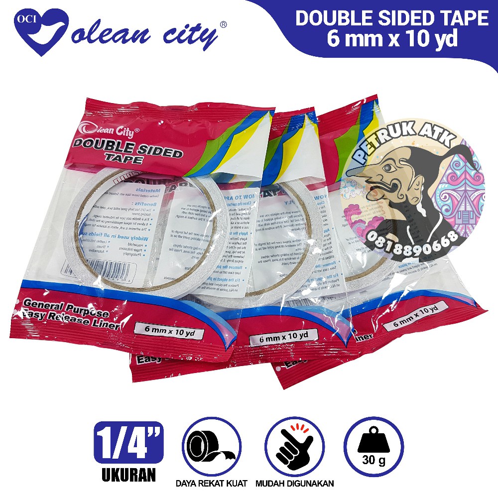 

[ROL] ISOLASI DOUBLE TAPE OLEAN CITY 0.25 INCH / 6 MM X 10 YARD / DOUBLE SIDE / ISOLASI BOLAK-BALIK / TAPE DUA SISI