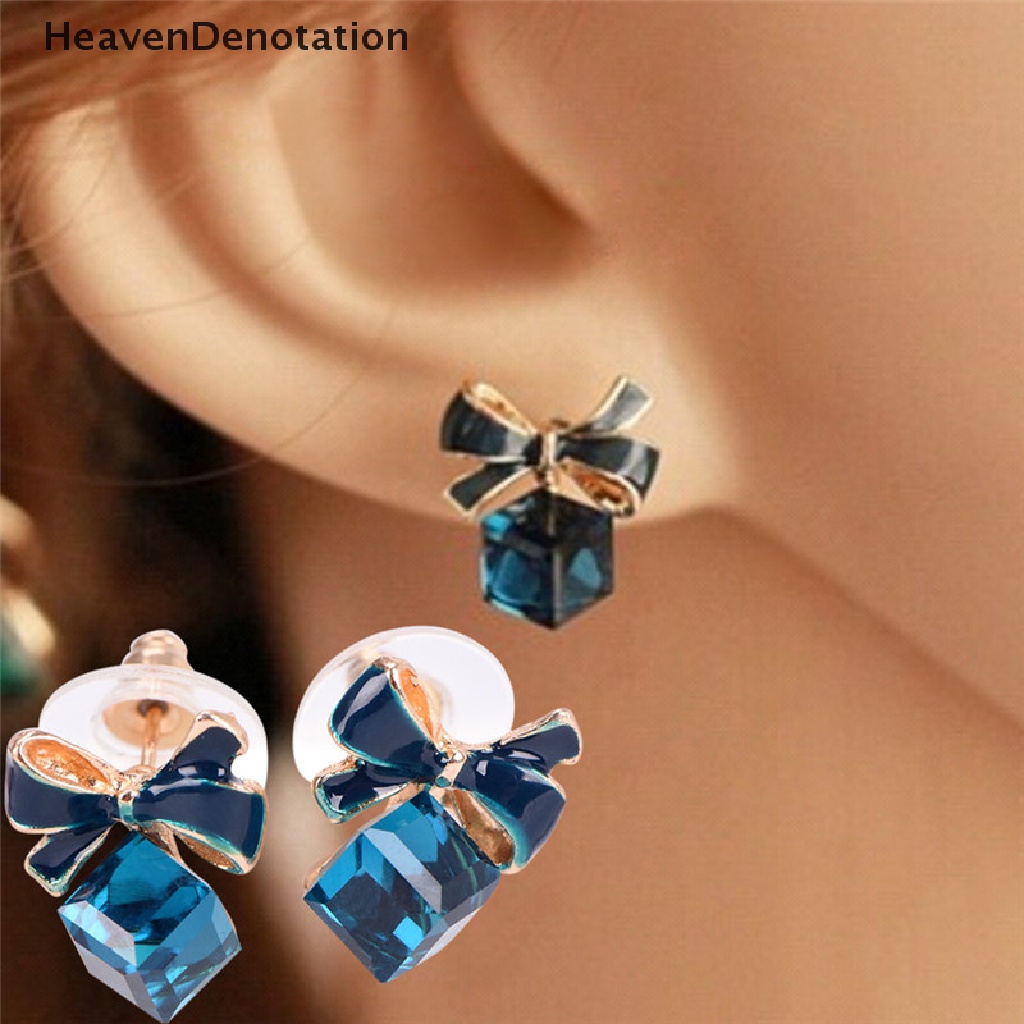 Anting Stud Desain Pita Aksen Kristal Berlian Imitasi Warna Biru Untuk Wanita