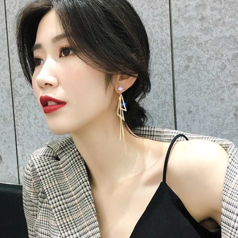 Anting Rumbai Panjang Bentuk Segitiga Aksen Berlian Imitasi Bahan 925 Silver Needle Gaya Korea Untuk Wanita