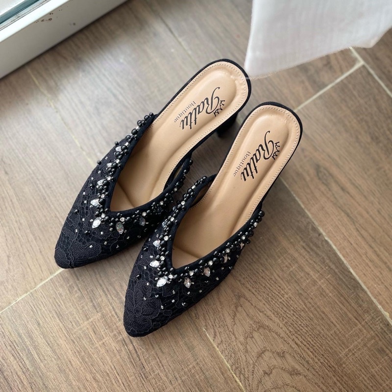 Termurah!!!! COD Heels 7cm brukat payet mewah ricis hitam / wedding shoes / sepatu pengantin hitam / sepatu wisuda / sepatu seserahan