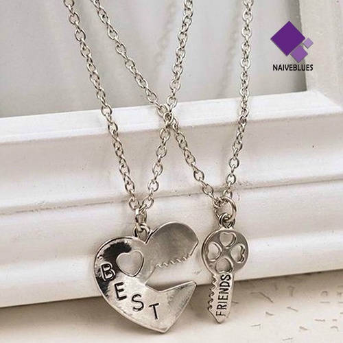 Naiveblue 2Pcs / Set Kalung Rantai Dengan Liontin Hati + Kunci Motif Ukir Tulisan Best Friend Untuk Wanita