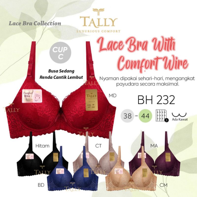 TALLY BRA BH 232 | CUP C | ADA KAWAT | BUSA TIPIS | KAIT 3 | BAHAN RENDA HALUS | SIZE 38 - 44