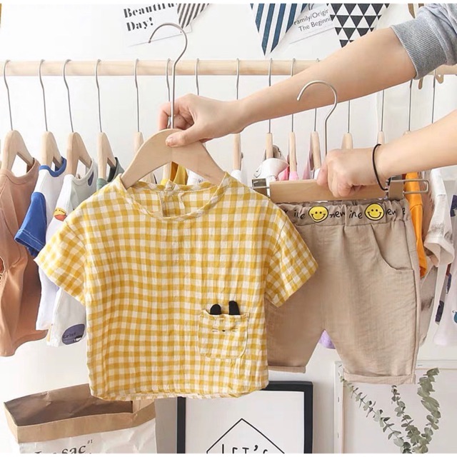 

NEW Korean Cat Gingham Set Yellow