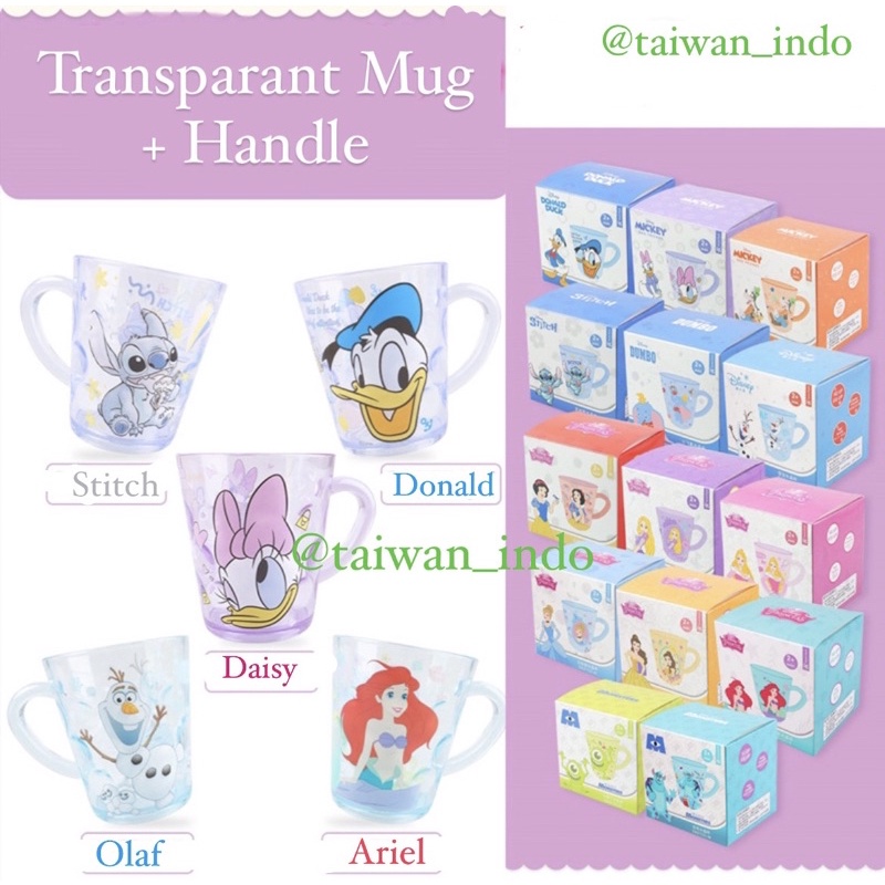 Gelas Mug Anak Transparant Disney 300ml Handle Gagang