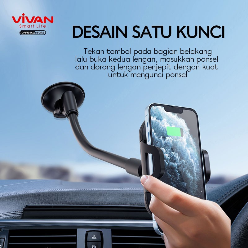 Vivan CHS11 Car Mount Phone Holder Aluminum Tube Automatic Kaca garansi 1 year