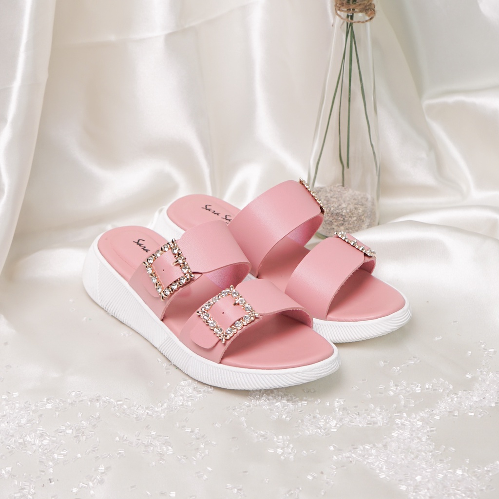 SARA SARA JOA Sandal Wanita Double Strap Kristal Sendal Gesper Cewek Kekinian