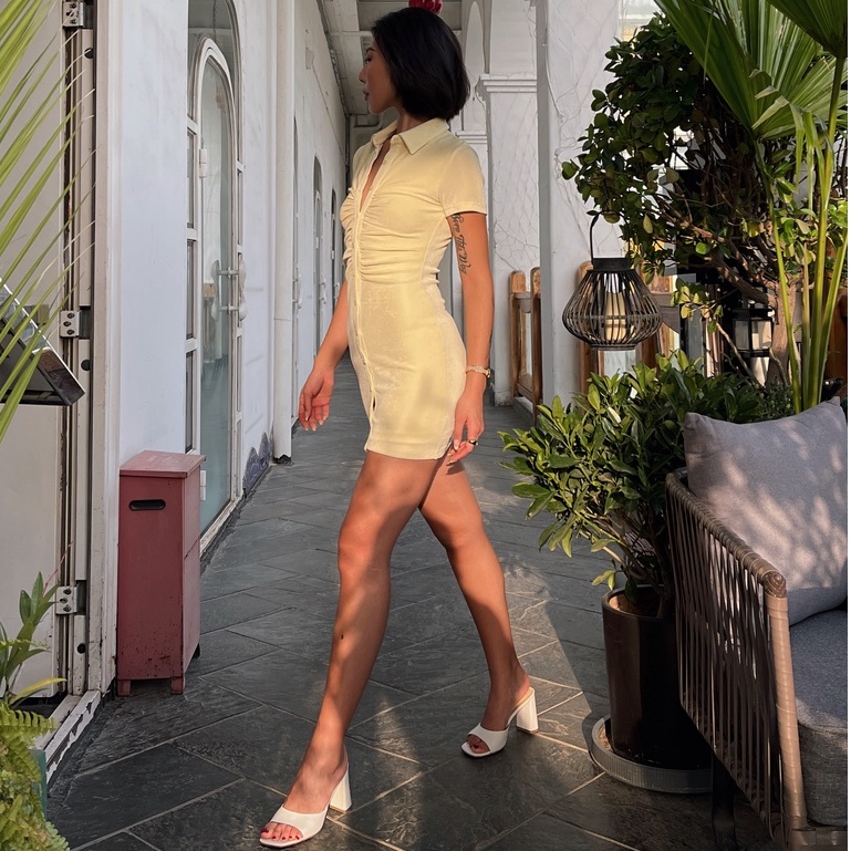 【Vanessa】Single Breasted Plunging Neck Fold Pleated Bodycon Dress 2381 (S/M/L)