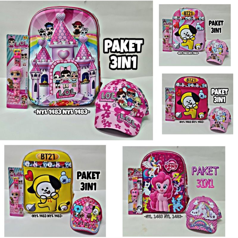 Tas ransel anak cewe motif 3D timbul embos 3in1