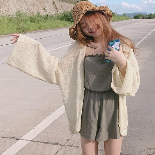 Korea Longgar Sweater lengan panjang tipis Tipis Pakaian pelindung matahari Cardigan pendek-6