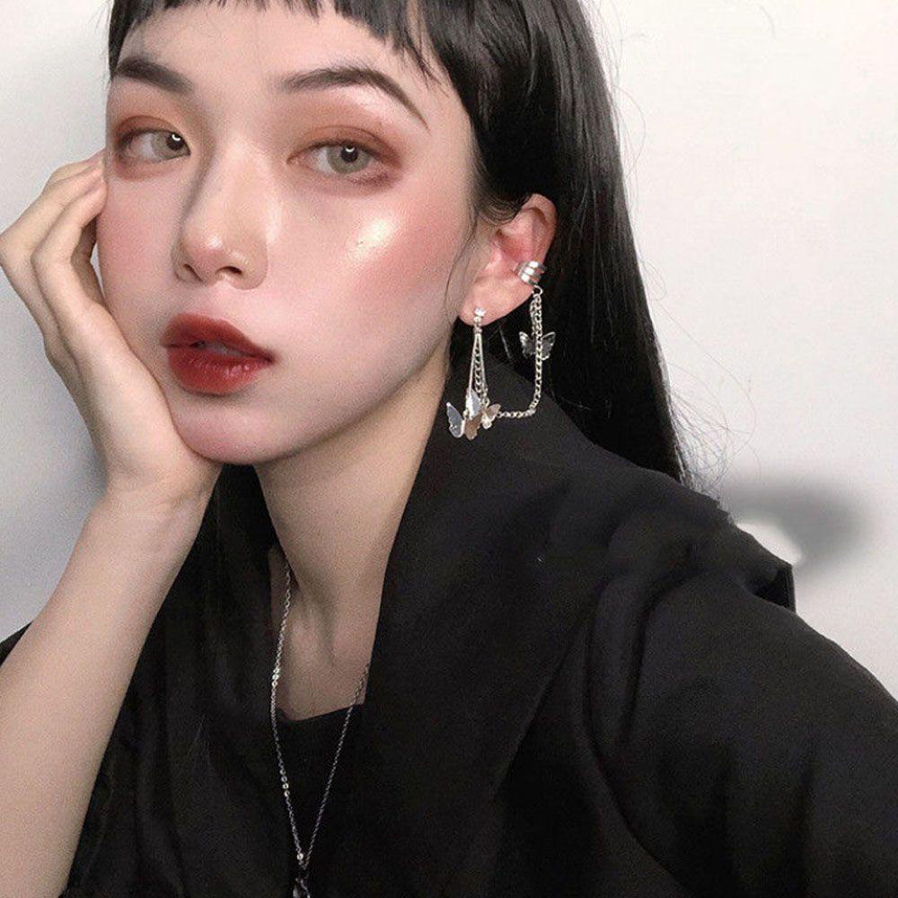 NEEDWAY Klip Telinga Retro Hip Hop Aksesoris Hadiah Untuk Wanita Rantai Panjang Warna Silver Stud Earrings
