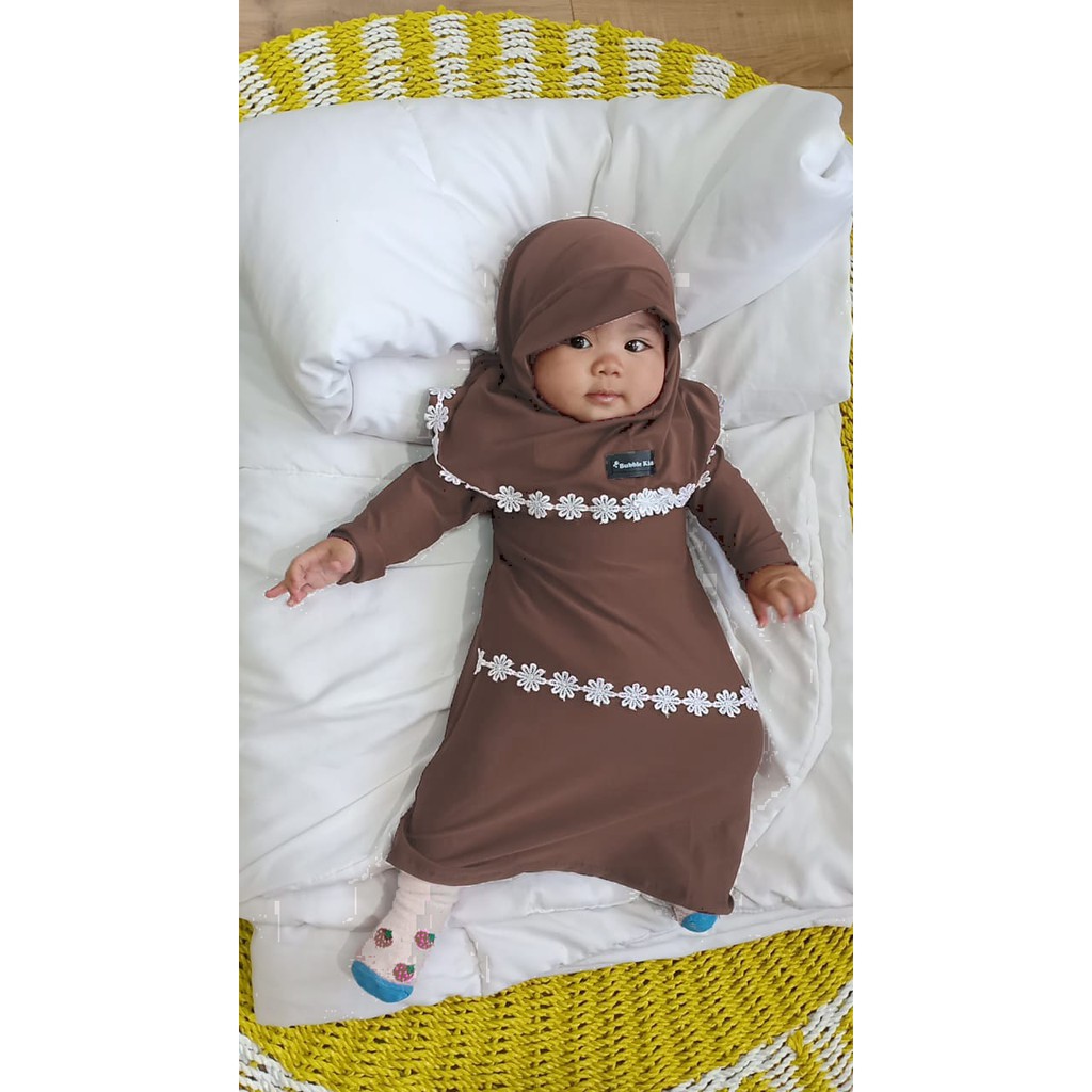 Gamis Hijab Renda Melati Bayi Balita Anak Perempuan Fashion Muslim Lucu Polos Katun 0-2 Tahun