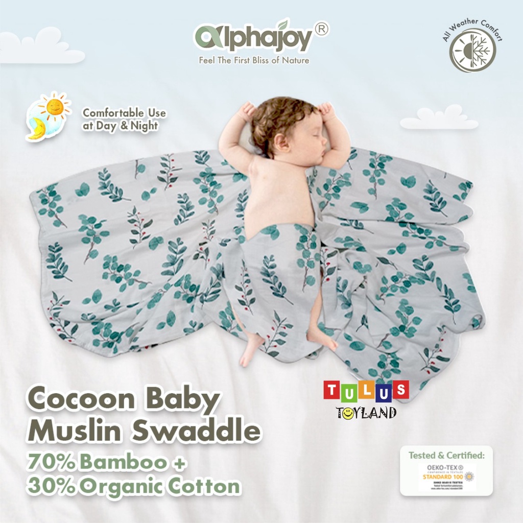 Bedong Bayi Alphajoy Cocoon Baby Muslin Swaddle Bamboo Organic Cotton soft selimut katun bambu premium corak lucu beddong polos