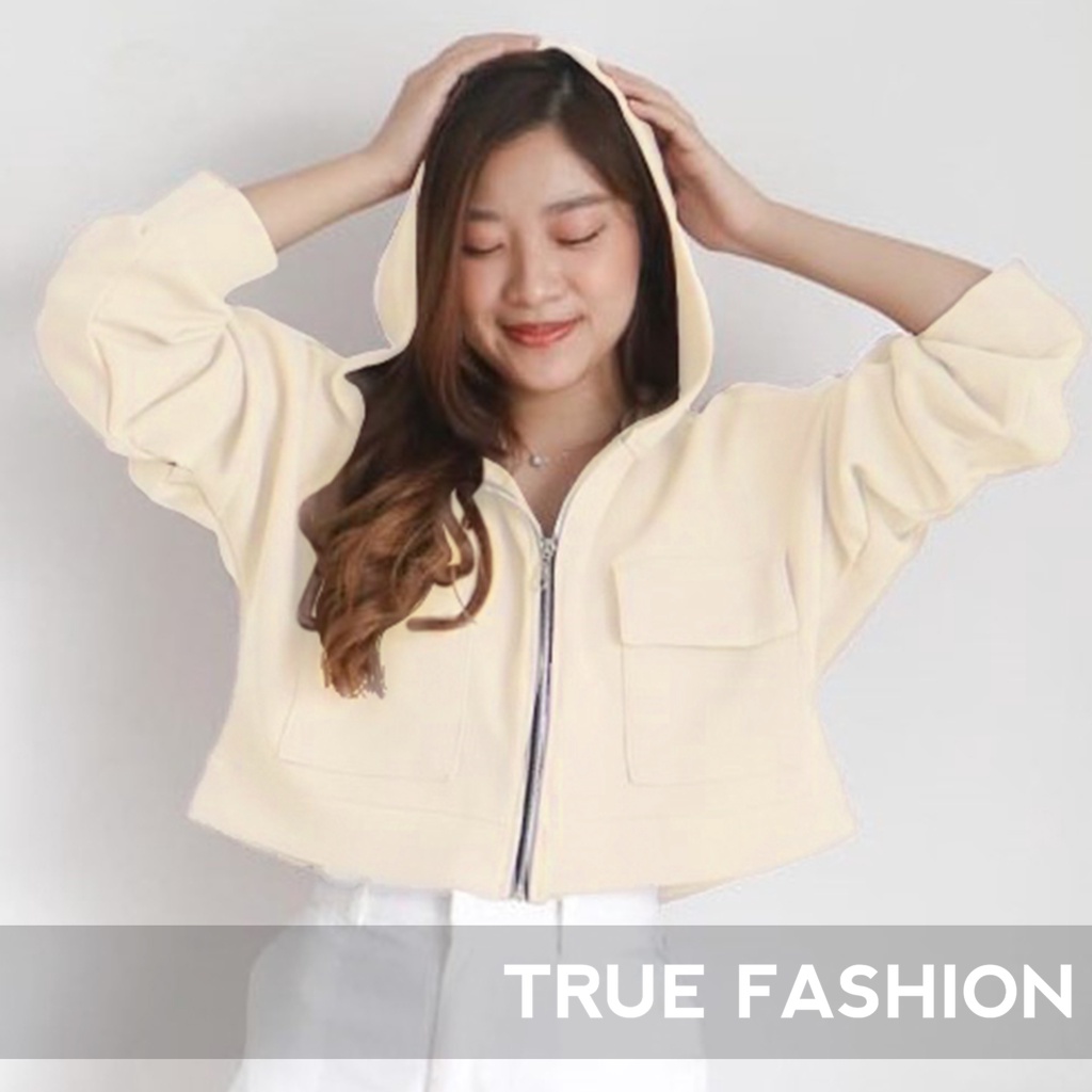 Jaket Crop Wanita Andin - Korean Crop Jacket Pocket Zipper - Atasan Viral Wanita - Jacket Cropped Wanita | Bahan Fleece | Allsize-3