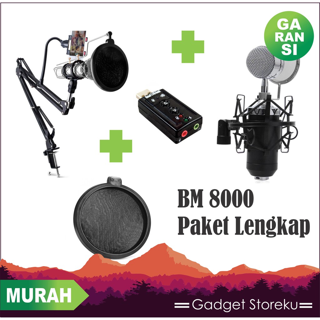 Mikrofon BM 8000 Taffware &amp; Sound Card +Pop Filter + Stand Suspension + Holder Mic HP Paket Youber