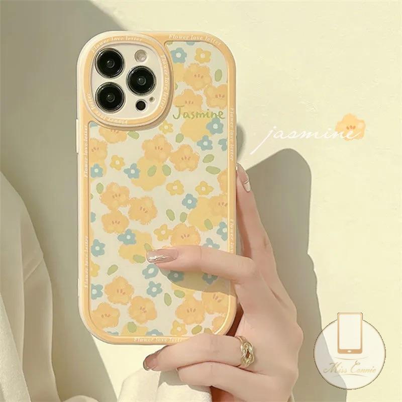 IPHONE Ins Fashion Retro Bunga Kuning Casing Ponsel Kompatibel Untuk Iphone11 7 8 Plus 12 13 11 14 Pro Max X XR XS Max 6 6s 7Plus 8Plus SE 2020 Plus Perlindungan Lensa Oval TPU Lembut Full Cover