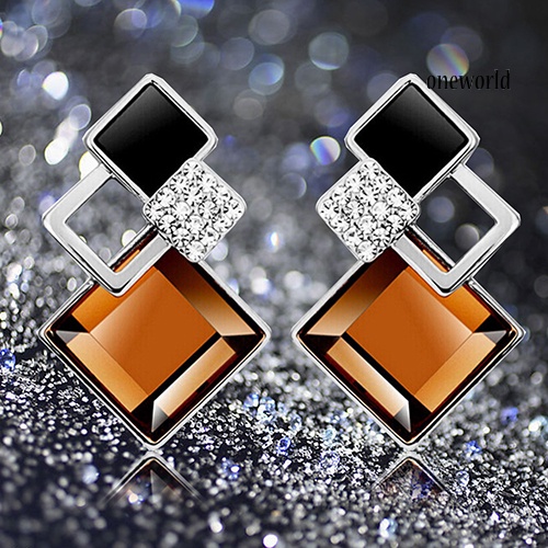 OW@ Women's Fashion Rhombic Rhinestone Eardrop Korean Style Earrings Party Jewelry