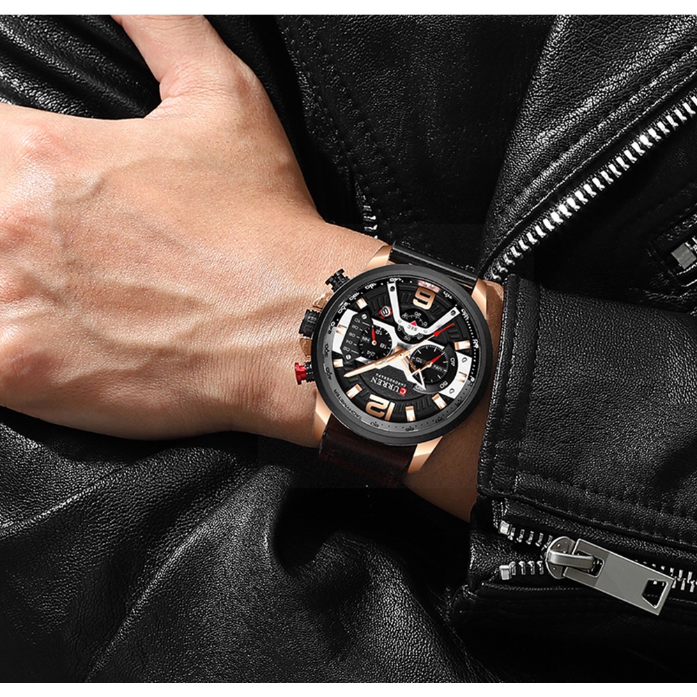 CURREN Jam Tangan Pria Quartz Chronograph Mewah Anti Air dengan Strap Kulit Sport Militer Watch BEST SELLER