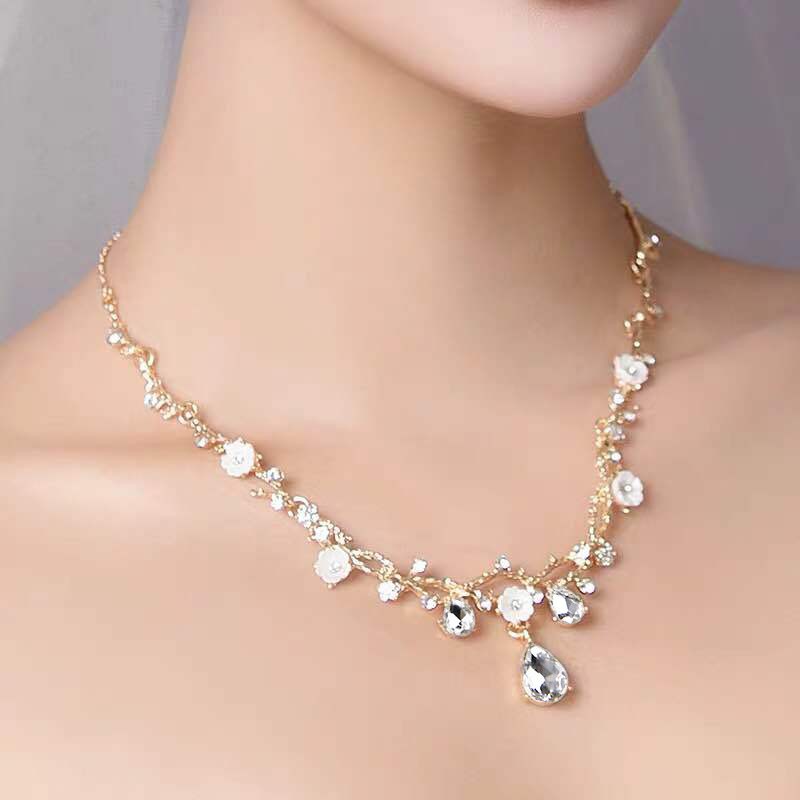 Golden Branches and Crystal Flower Necklace Earring Set Bridal Jewelry