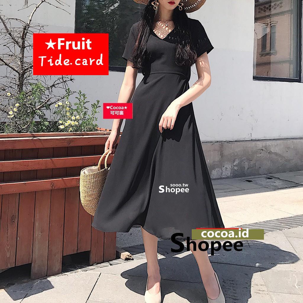 Dress Midi Swing V-Neck Lengan Pendek Aksen Pinggang Terbuka Gaya Chic Korea untuk Wanita