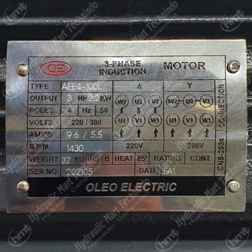 Dinamo 22KW 3HP-3Phase-4Poles AC220380V as 19mm-female merk OLEO ELECTRIC -  Chyun Tseh replacement