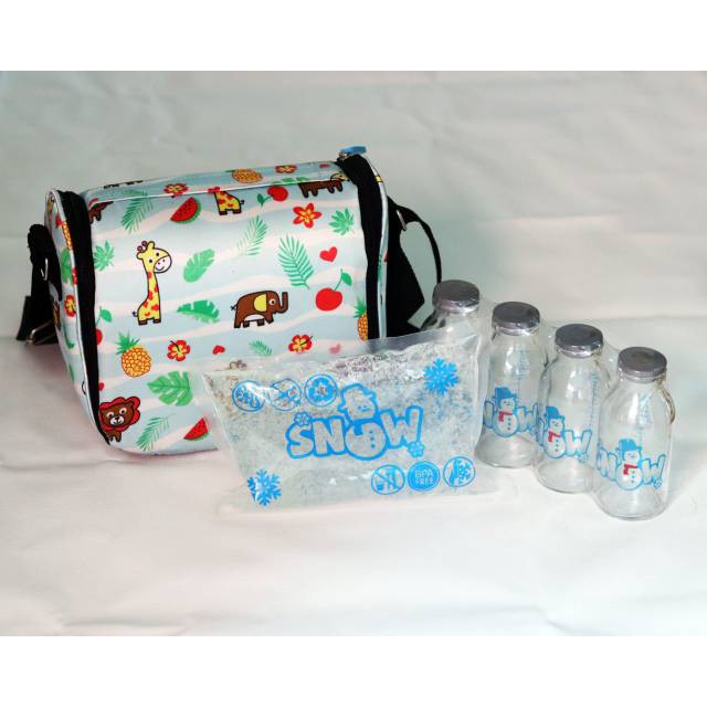 tas tempat asi cooler bag merek snow bonus 4 botol asi kaca dan 1 ice gel