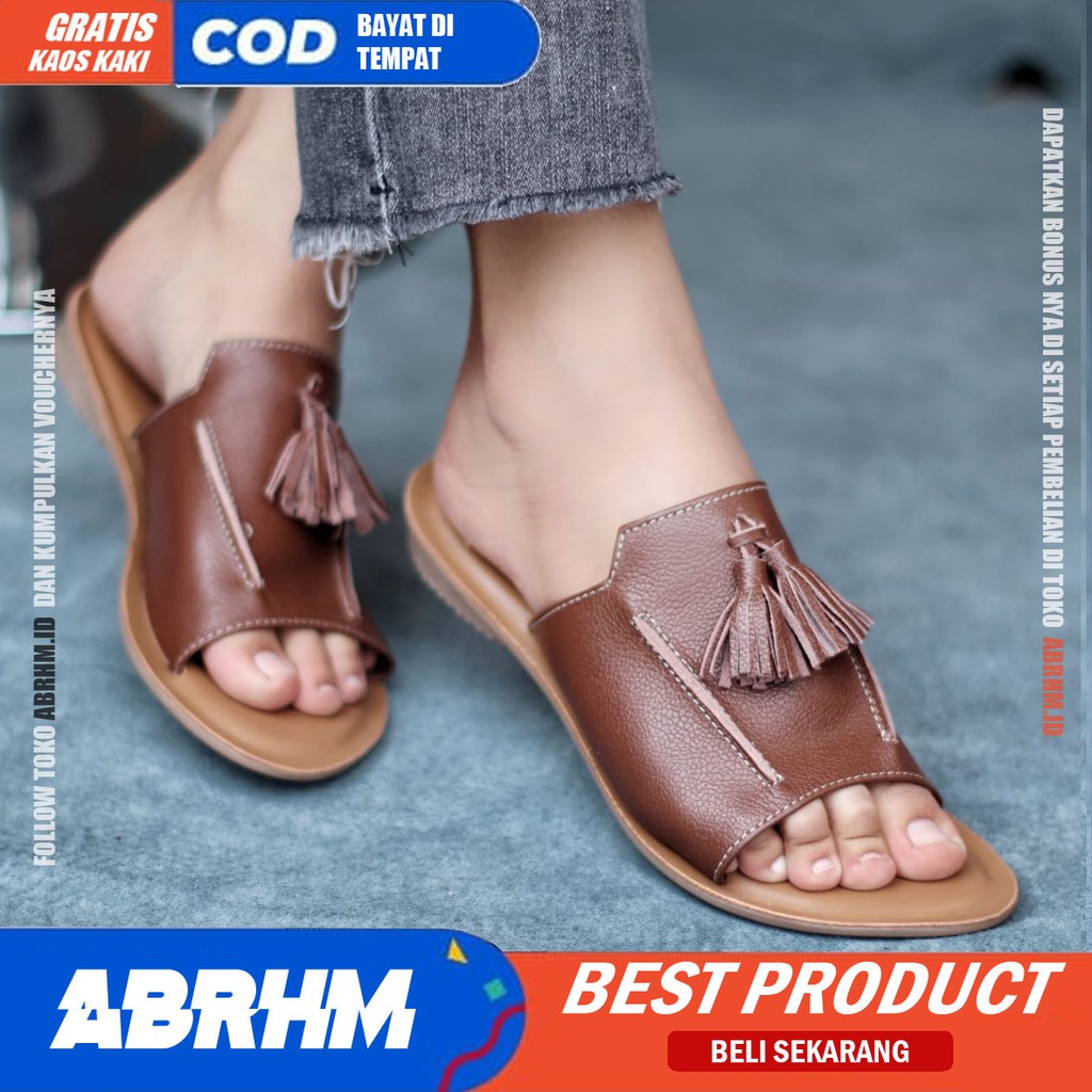 ABRHM x KIMO Sandal Kulit Wanita Papirut Sendal Slop Asli Garut Sendal Kokop wanita Santai Gaya Keren kekinian