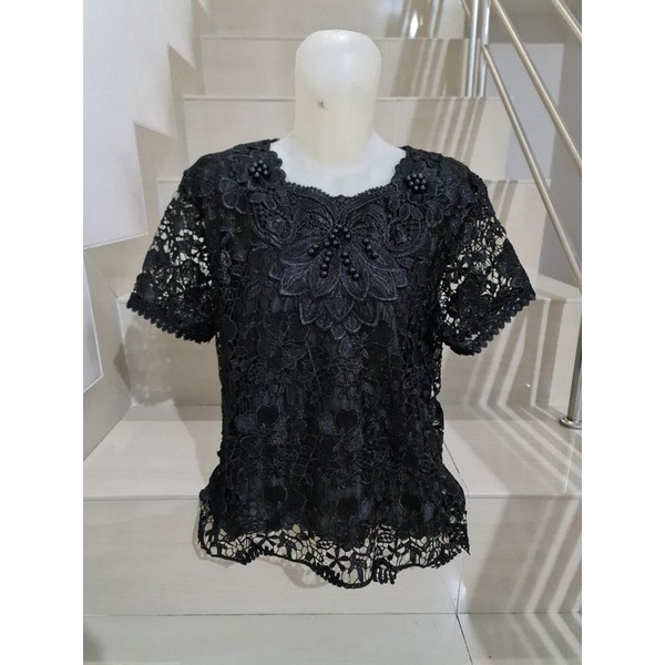 Blouse Brukat Tangan Pendek Putih dan Warna Jumbo XL, 2XL, 3XL-175 Kilap - Hitam
