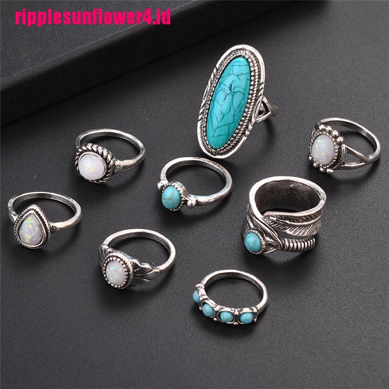 8pcs / Set Cincin Buku Jari Aneka Bentuk Warna Silver Gaya Bohemian Untuk Wanita