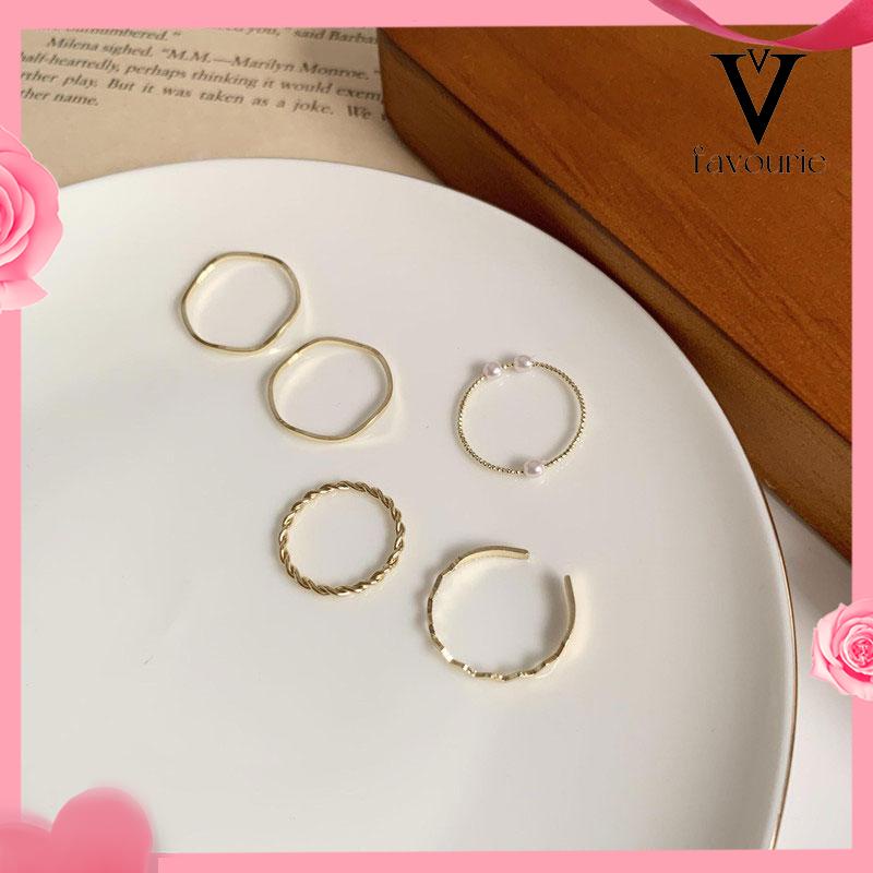 [COD]5 pcs Cincin Set Fashion Aksen Berlian Imitasi Mutiara Untuk Wanita-FA