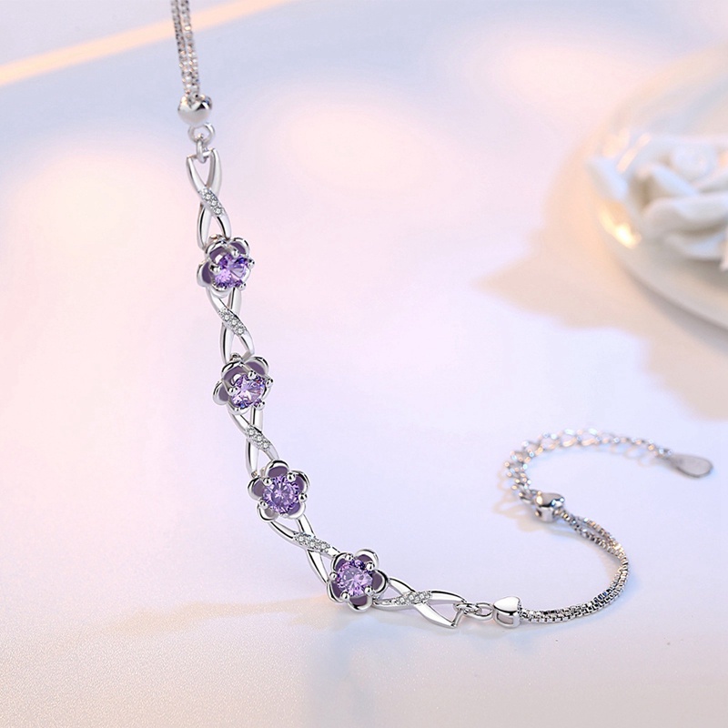 Gelang Silver 925 Bentuk Bunga Persik Aksen Zircon Kristal Untuk Wanita