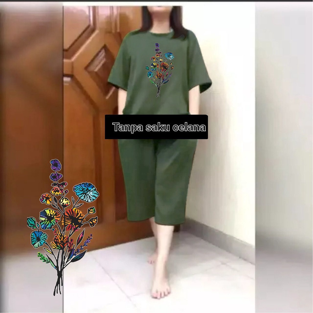 Setelan Jumbo Wanita + Celana Kulot 3/4 Big Size Fit XXL Motif Bunga-Bunga