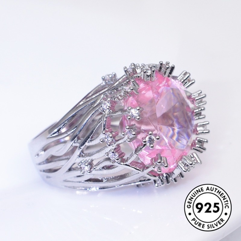 Cincin Sterling Silver 925 Dengan Kristal Warna Pink Untuk Wanita