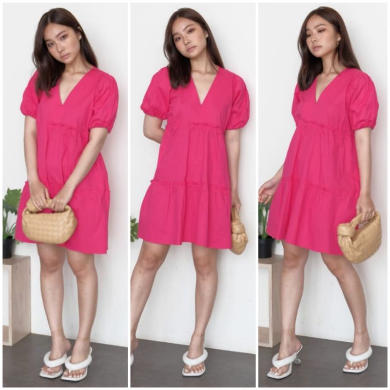 ⚡️ CLEARANCE SALE ♡ PREMIUM ♡ ORIGINAL ! ALLEA PLAIN V-NECK RUFFLE LAYER MINI FLARE  DRESS