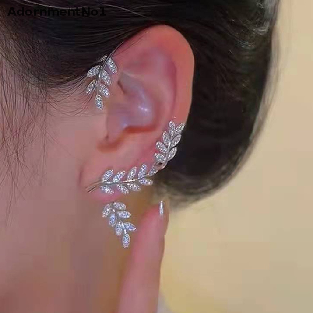 (AdornmentNo1) Anting Klip Tanpa Tindik Motif Daun Aksen Kristal Berkilau Untuk Perhiasan Wanita