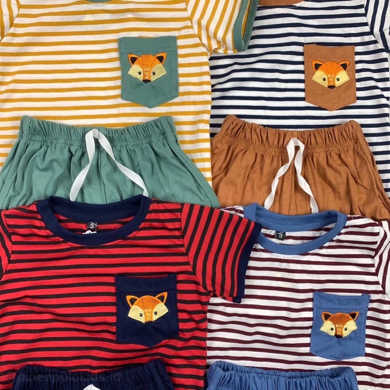 Setelan Anak Stripes Pocket Bordir Unisex 2-10 Tahun Original Kaos Super Premium Pakaian Anak Terlaris Termurah Best Seller