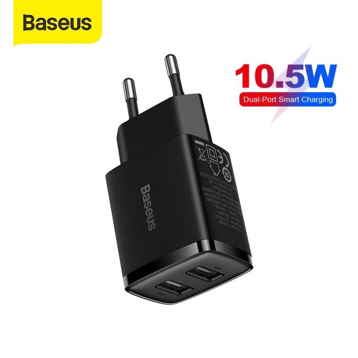 Baseus Compact Adapter Dual USB Port 10.5W - Mini Dual EU Plug Adapter - Recommended for ACC - Garansi Resmi 6 Bulan