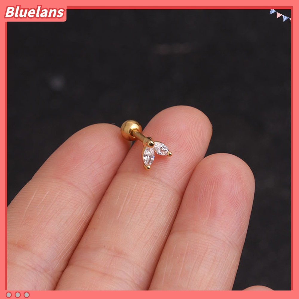 1pc Anting Stud Bentuk Daun Barbel Bahan Cubic Zirconia Untuk Wanita