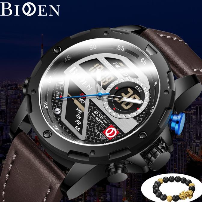 BIDEN Jam Tangan Pria Multifungsi Tali kulit Mode Display Kuarsa Jam Termurah